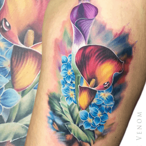 #calalily and #hydrangea tattoo by #lizvenom #floral #flowers #feminine #color #colour #girly #botanical #vintage #ornate #vintagebotanical #painterly #realism 
