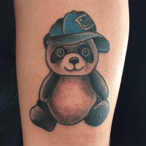 Panda bear in a  Blue Jays hat. It was a pleasure to make this for my homie Jake, to remember his brother. #tattooapprentice #anthonylowtattoos 