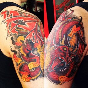 Weird filters. Testing em out on this dragon on Ben. #dragon #neotraditionaltattoos #neotrad #fire #smoke 