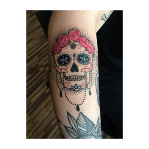 New sugar skull called Shelia (I have a habit of naming my tattoos) by Helen at New Identity on Pelsall, UK #sugarskulltattoo #forearmtattoo #colourtattoo #mexicansugarskull