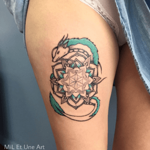 Haku Mandala tattoo by MiL Et Une / inspired by the movie Spirited Away by Hayao Miyazaki #miletune #mandala #ghiblitattoo #dragontattoo #colourtattoo #mandalatattoo #adelaide #australia 