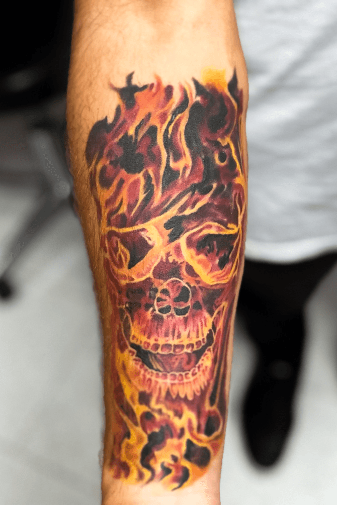 flaming skull tattoos for men