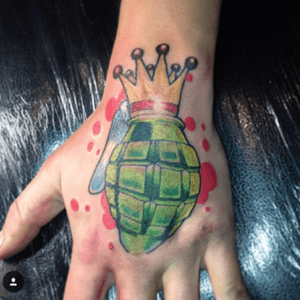 New School Hand Grenade #tattoo #tattoos #newschool #newschooltattoo #grenade #hand #handtattoo #color #crown #eternalink