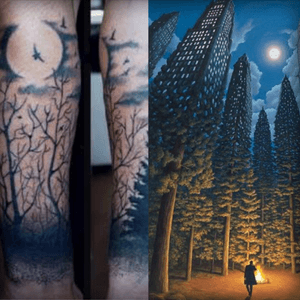 My #dreamtattoo is a combination of these two pieces on my forearm. Have the black and grey forest scene like the left image but have thicker trees and have the trees fade to cities like in the image on the right. 