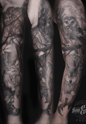 Sleeve designed and tattooed by me 😊 #sleeve #sleevetattoo #forrest #animals #dear #design #wolftattoo #nature 
