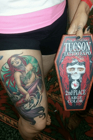 Custom Siren Tattoo by Lindsay Dorman #sirentattoo #mermaidtattoo #thightattoo #womantattooartist #LindsayDorman