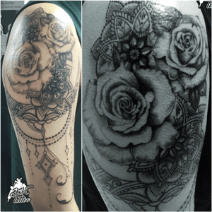 Realistic rose with lace and dotwork tattoo. #dskttattoo #rosetattoo #lacetattoo #realistic #dotwork 