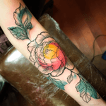 Beautiful piece by #maydaytattooco artist #carolynelaine #peony #flower #color #watercolor #arm #colortattoo #armtattoo 