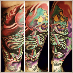 My most recent by Matt Christensen at Create Tattoo and Art Studio in North Syracuse, NY. #tattoo #skeleton #colorbomb #color #legtattoo 