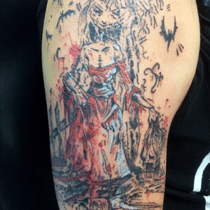 Tattooed my guitarist Edwin. Proud to spread ink on Dark Altar. #tattooedband #lizzyborden #gore #bats #blood #scarywomen #timburtontattoo #burtonesque #horror 