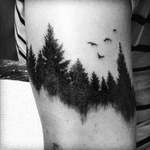 Different angle. #naturetattoo #trees #birds #shading #forest #reflection #upperarm 