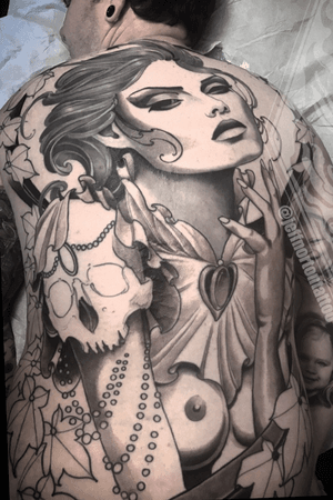 Black and grey girl and skull backpiece, third session 
