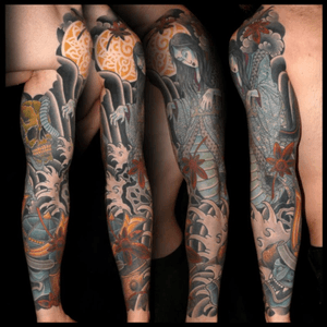 Tattoo done by Mathias Bugo at Artribal Tatouages #japanesetattoo #japanese #armtattoos #chrysanthemum #yokai #yokaitattoo #colortattoo #japanesewave #japanesepattern #patternwork 