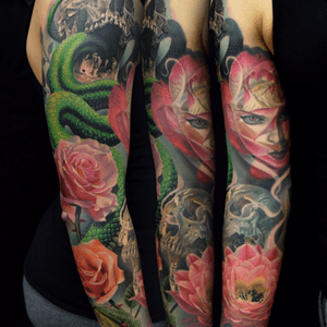 My completed sleeve! #PhilGarcia #fullcolor #snake #skull #rose #viper 