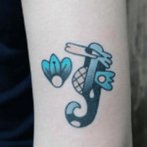 Cute as #seahorse on back of upper arm -#color  #blue #black by #artist #tattooistsom @tattooist_som from #gemtattoo #studio #Seoul 