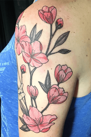 Custom cherry blossom tattoo. Would love to do more like this! Email me at burke.brigid@gmail.com #customtattoo #nyctattoo #brooklyntattoo #cherryblossom #cherryblossomtattoo #flowertattoo #floraltattoo #colortattoo #finelinetattoo #tattoo #tattoooftheday #Tattoodo #dotwork #armtattoo #flowers 