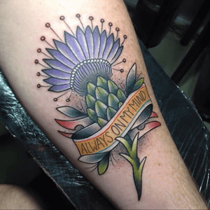 A thistle and Willie Nelson lyrics for my Grandma. Done by my best mate Brendon Andrews at "Old Church" find him on instagram @brendontattoo. #neotraditional #thistle #willienelson  