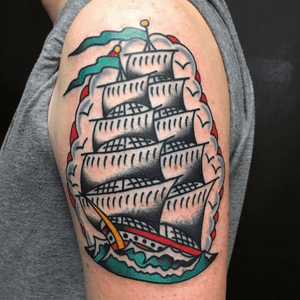 Clipper ship by Mikey Holmes while visiting Gold Club Electric Tattoo in Nashville, TN
