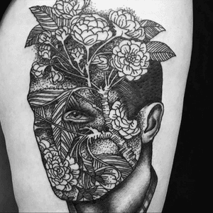 Abstract nature inspired portrait tattoo by artist Pietro Sedda #portraittattoo #abstract #dotwork #flowers #blackdottattoo #finelines #PietroSedda 