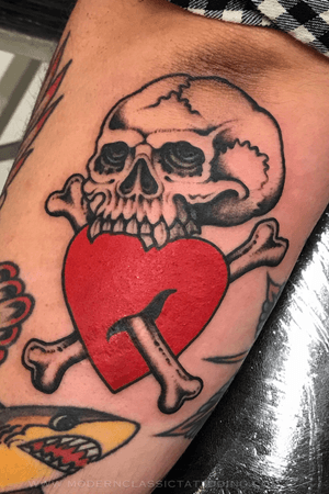 Get a classic traditional heart and skull tattoo on your lower arm in London for a timeless look.
