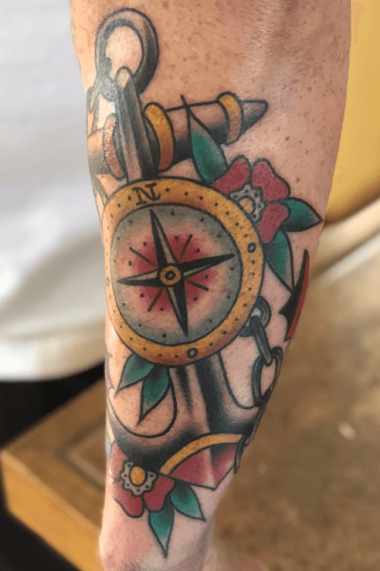 traditional anchor compass tattoo