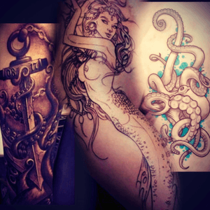#dreamtattoo This is what I'm hoping to get soon. Full side starting lower armpit, going down to lower thigh. Mermaid upper 2/3 holding anchor chain, anchor at about my hip, octopus lower 1/3 with some tentacles holding anchor. 