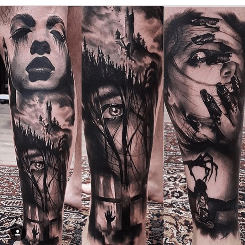 WIP Horror leg sleeve by me Logan Bramlett Bespoke Tattoo Gallery  r tattoos