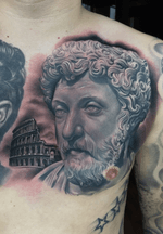 Healed Marcus Arelius statue, fresh coliseum, background and white highlights. 