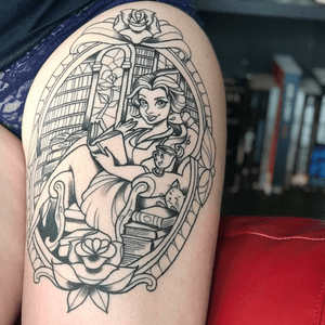 Line work for a beauty and the beast themed thigh piece