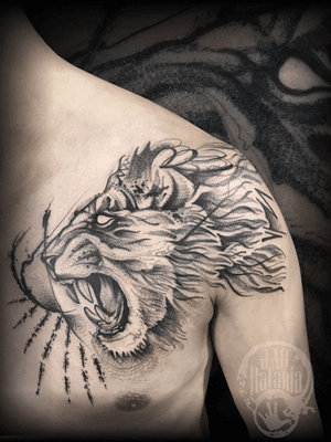 Mais um dos trabalhos que rolaram durante essa temporada em Rio-Verde-Go. #rataria #tattoo #blackwork #blackworkers #blackworkerssubmission #ttblackink #onlyblackart #theblackmasters #tattooartwork #inkstinct #inkstinctsubmission #superbtattoos #wiilsubmission #stabmegod #tattoos_artwork #lion #liontattoo