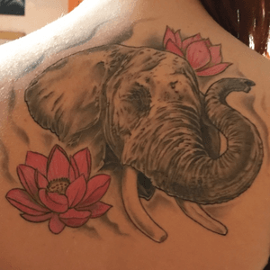 Elephant with lotus #elephant #blackandgrey #color #floral #lotus #realistic 
