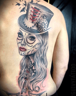 Guivy Hellcat / GENEVA 🇨🇭#guivy #tattoo #geneve #geneva #switzerland #catrina #santamuerte #portrait #backpiece #woman #girltattoo #skull #diadelosmuertos #sleeve #tattoos #portrait #woman #realism #key #beads #girly #cyberpunk #clock #watch #details #montre #horloge #santamuerte
