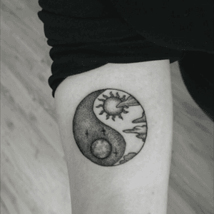 Yin&yan. Done by amazing Astrid Tattoo on Olsztyn, Poland. #yinyan #sun #moon #clouds #stars #twosides #dotwork #blackandwhite #tattoo 