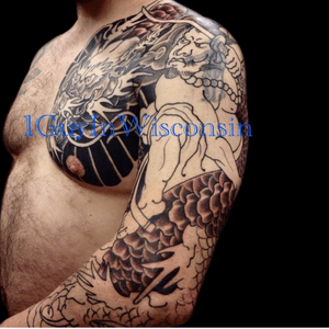 Black & GreyChest & left arm sleeve Dragon on chest, down left arm Samurai warrior*work in progress*Shop:http://www.evermoretattooparlour.comArtist:Jake#dragon #blackngrey #samurai #sleeve 