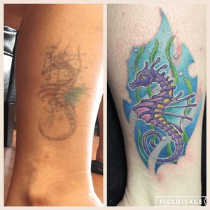 Before (circa 1991) & After (2016) #beforeaftertattoo #seahorsetattoo