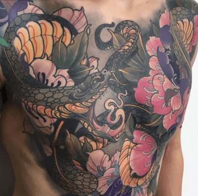 Snakes and peonies #peony #peonies #snake #irezumi #japanese #chestpiece #tattoodo #wearesorrymom