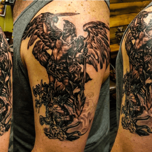 Latest work. 2nd sitting. One to go. The tattoo is St. Michael The Archangel battling the devil. The tattoo was done by Litos Pinto of Forbidden Images Tattoo
