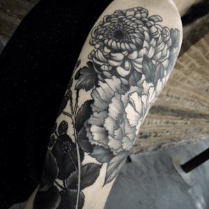 Work in progress, by Mo, done at Mojito Tattoo Toulouse, France. Www.mojitotattoo.com #tattoo #toulouse #ink #flowertattoo #btattooing #blackwork #peonies #chrysanthemum 