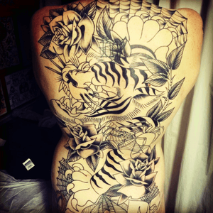In progress. Tiger caught in roses and spider webs. 