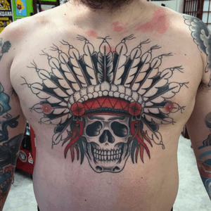 Progress on this chest piece in the works for John. #chestpiece #skull #headdress #traditional 