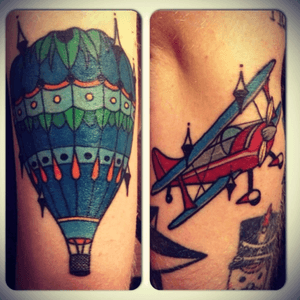 Hot Air Balloon and Bi-plane on right arm both done by Rob Oldfield (Raco) of One For All Collective in Manchester, UK. (ig: racotattoo)