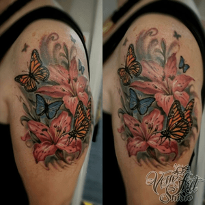 #flowers #lilly #lillies #colourtattoo #colour #butterfly #butterflies #realistic #realism #girlytattoo 