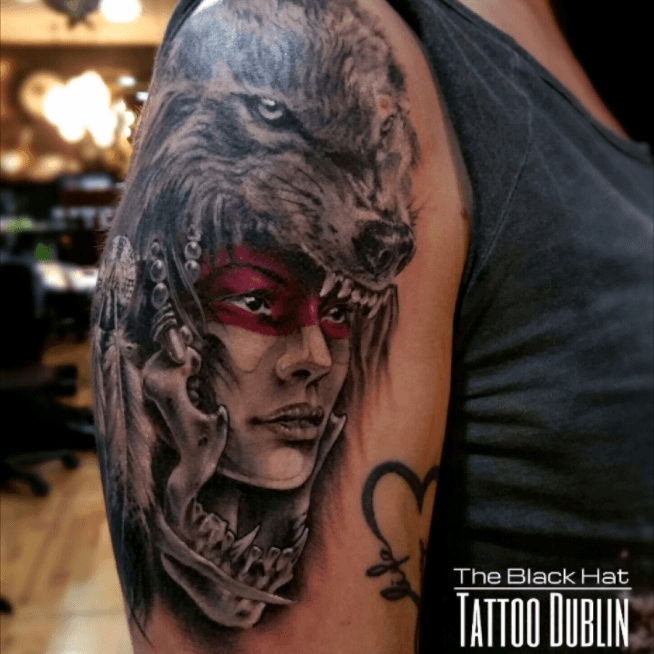 Tattoo style illustration of head of an Amazon warrior wearing a jaguar  headdress viewed from front done in full color Stock Photo  Alamy