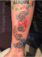 Avatar element symbols!! From the Last Airbender series!! Still needs a few details, but it’s pretty much done. #tattoo #forearmtattoo #avatar #elements #thelastairbender #colors #ink #inklegacytattoos