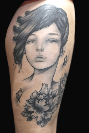 Healed tattoo on thigh... my version of a Audrey Kawasaki’s drawing ... 2 sittings