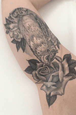Owl and roses by Stewart Robson (was at Frith Street Tattoo, London), armpits by Oliver Macintosh (Frith Street Tattoo, London). #blackandgrey 