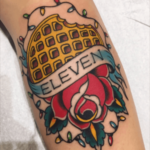 Stranger things inspired tattoo done by Matt Cannon at Torch Tattoo in Anaheim, CA. #traditionaltattoo #StrangerThings #torchtattoo #MattCannon #eleven #Eggos 