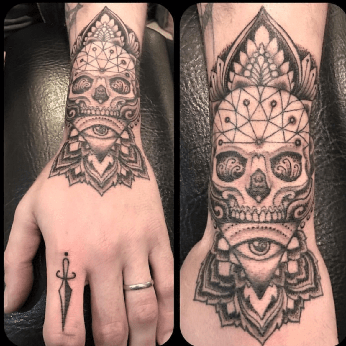 Tattoo uploaded by Inborn Brooklyn  Hand tattoo on jewelry designer  mhartdesigns skull handtattoo seeingeye eye dagger wrist  Tattoodo