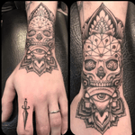 Hand tattoo on jewelry designer @mhartdesigns #skull #handtattoo #seeingeye #eye #dagger #wrist 