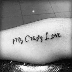 #letters #smalltattoo #tattoo #Phrase #blackink #love #crazy #forearm 